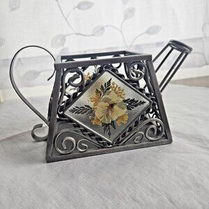 Vintage Pewter Teapot Candle holder Dried Pressed Flowers